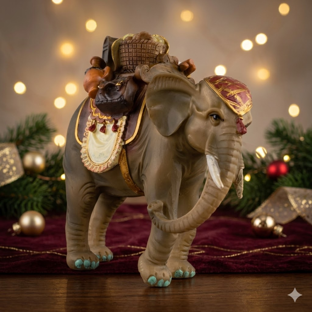 Handbemalte Krippenfigur Elefant mit Gepäck, ca. 13,5 cm, K 081
